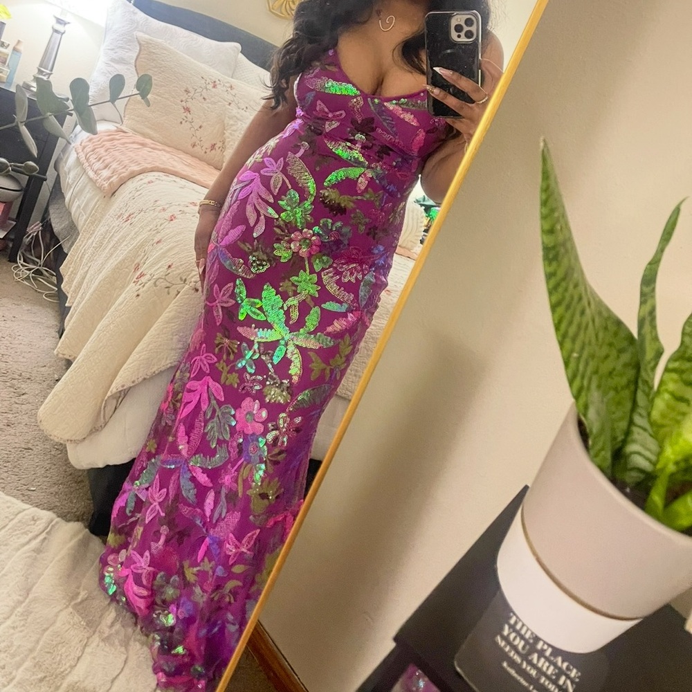 Pink and Green Plunge Maxi Gown for Weddings and Other Special Occasions